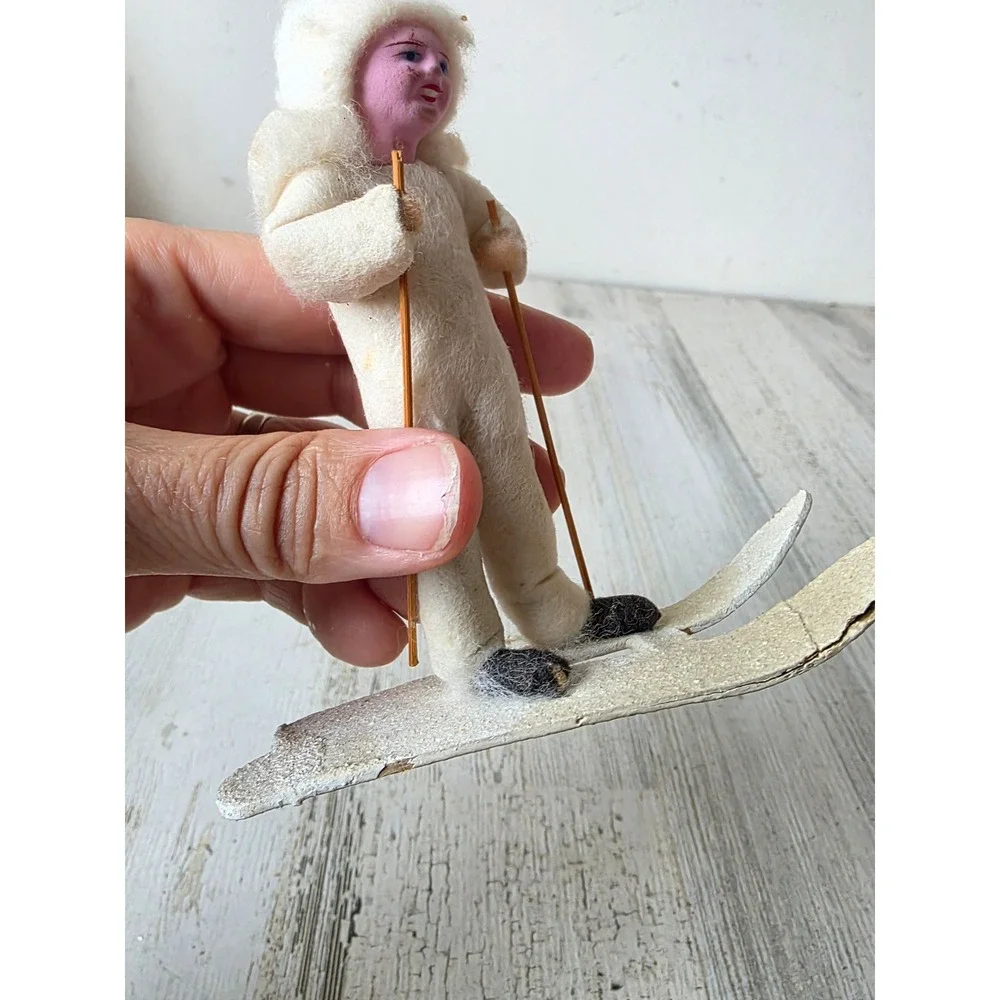 Vintage 4.5 inch Japan skier spun glass figurine Xmas decor large